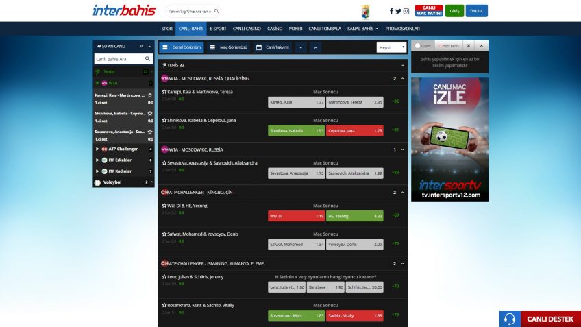 İnterbahis canlı bahisler için giriş oranları