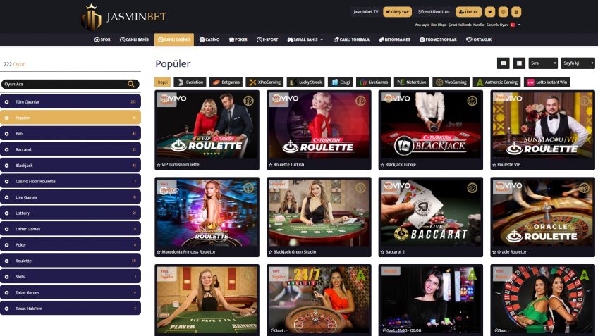 Jasminbet canlı casino lobisi