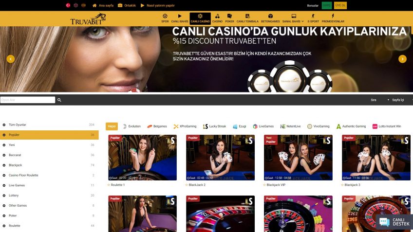 Truvabet canlı casino lobi giriş bölümü